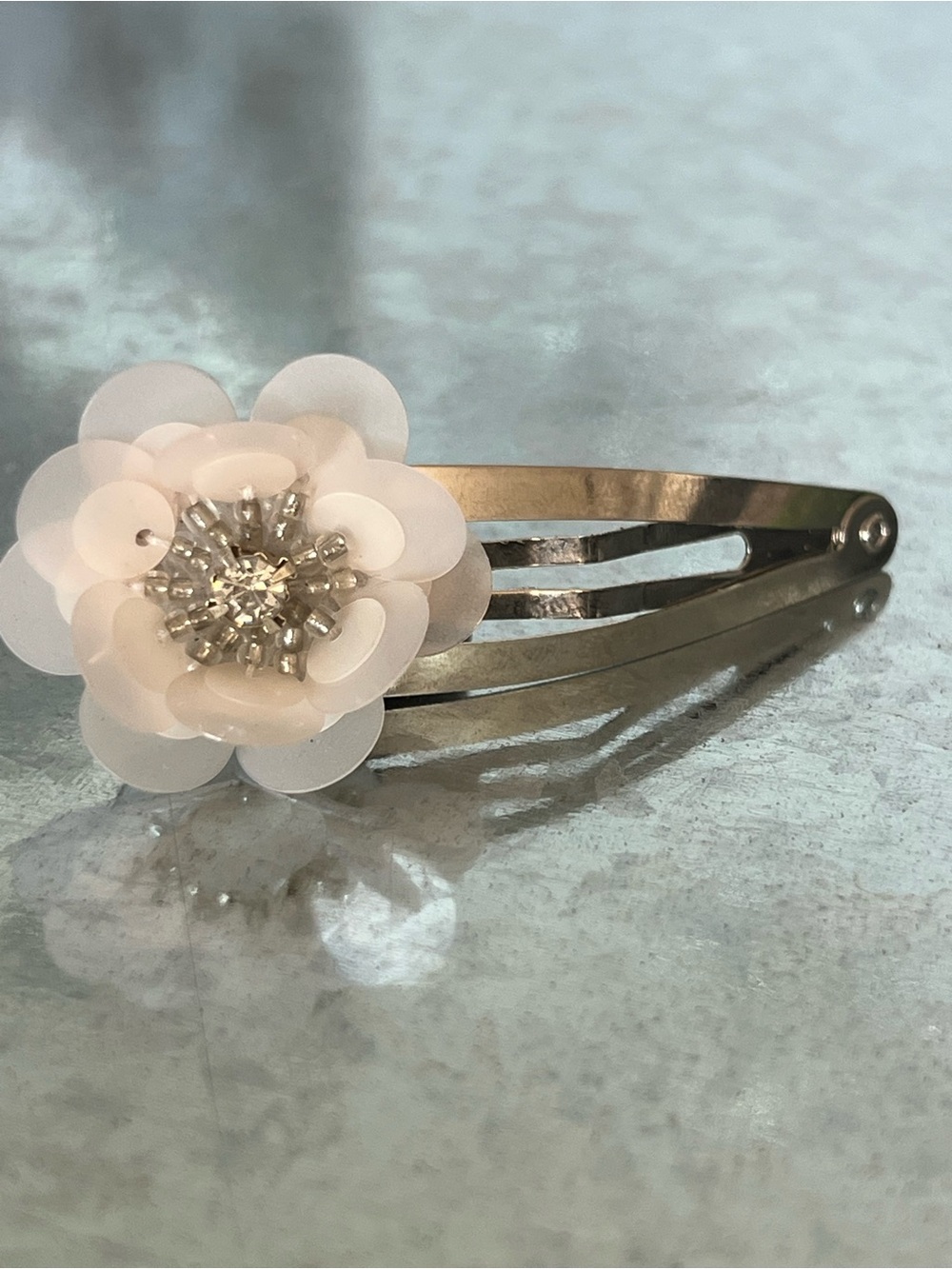 Delicate Pink Ivory Flower Sequin Snap Hair Clip